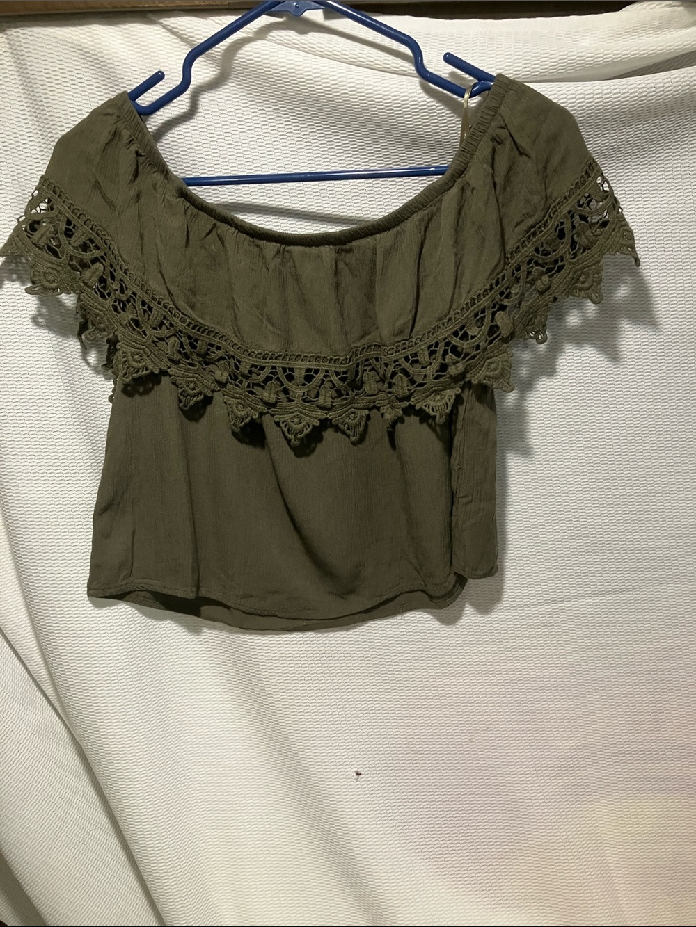 Ambiance Olive Green Off-Shoulder Crochet-Trim Crop Top